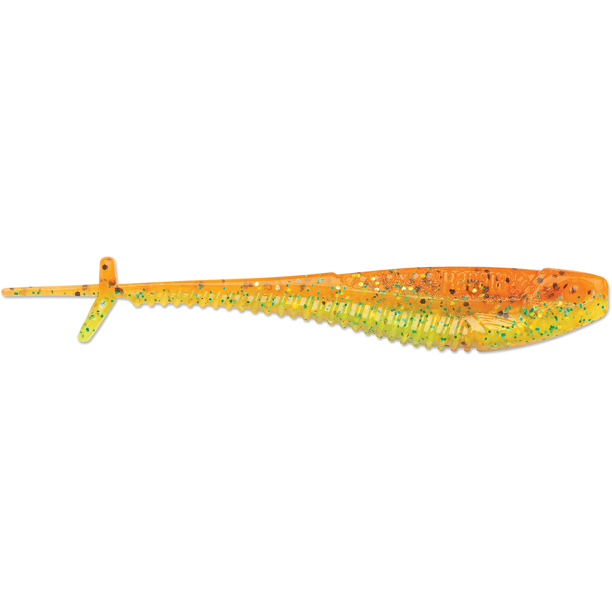 Rapala CrushCity Mooch Minnow soft plastic fishing lure in orange yellow and green with glitter and a paddle tail