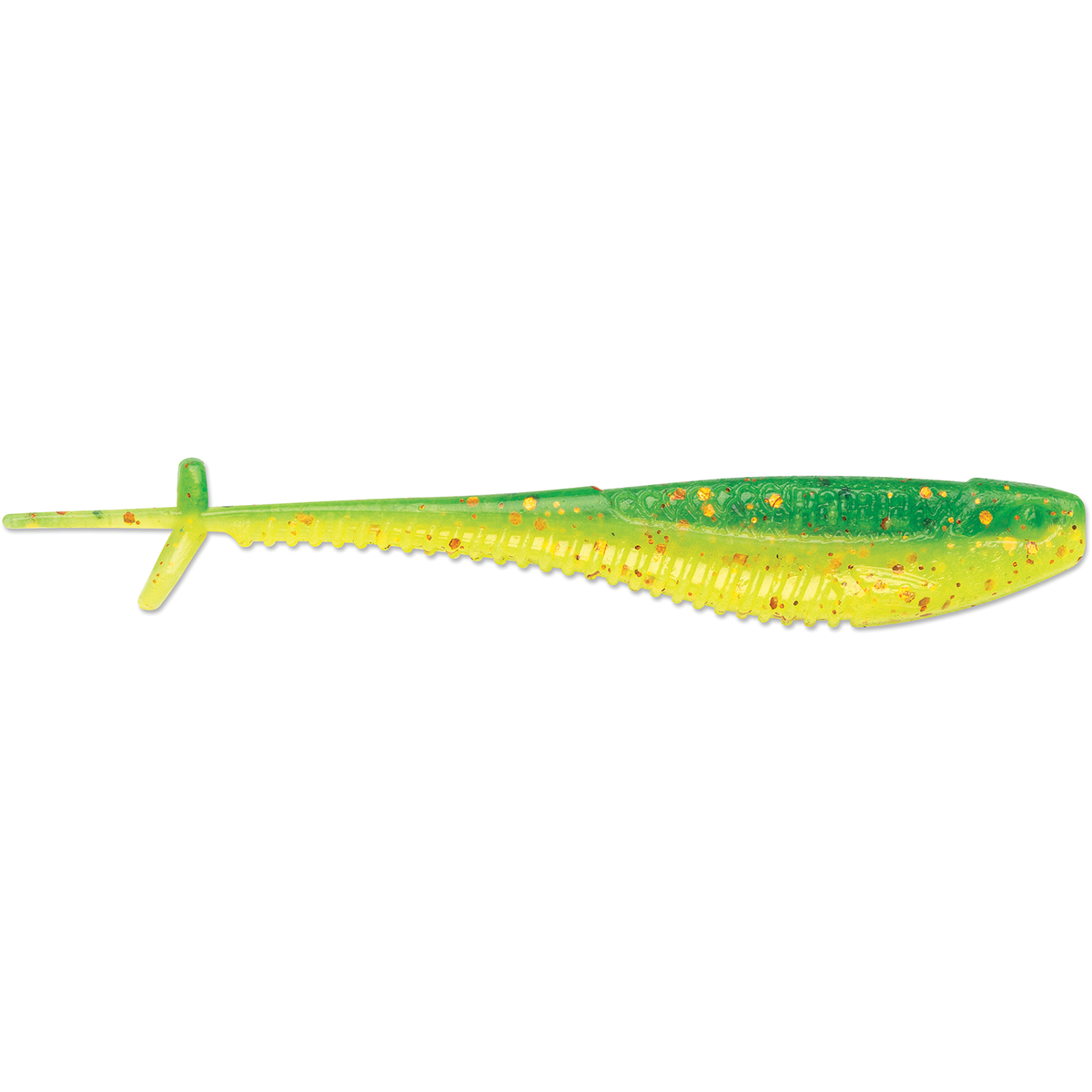 Rapala CrushCity Mooch Minnow soft fishing lure in green and yellow with glitter flecks and a paddle tail for musky fishing tackle