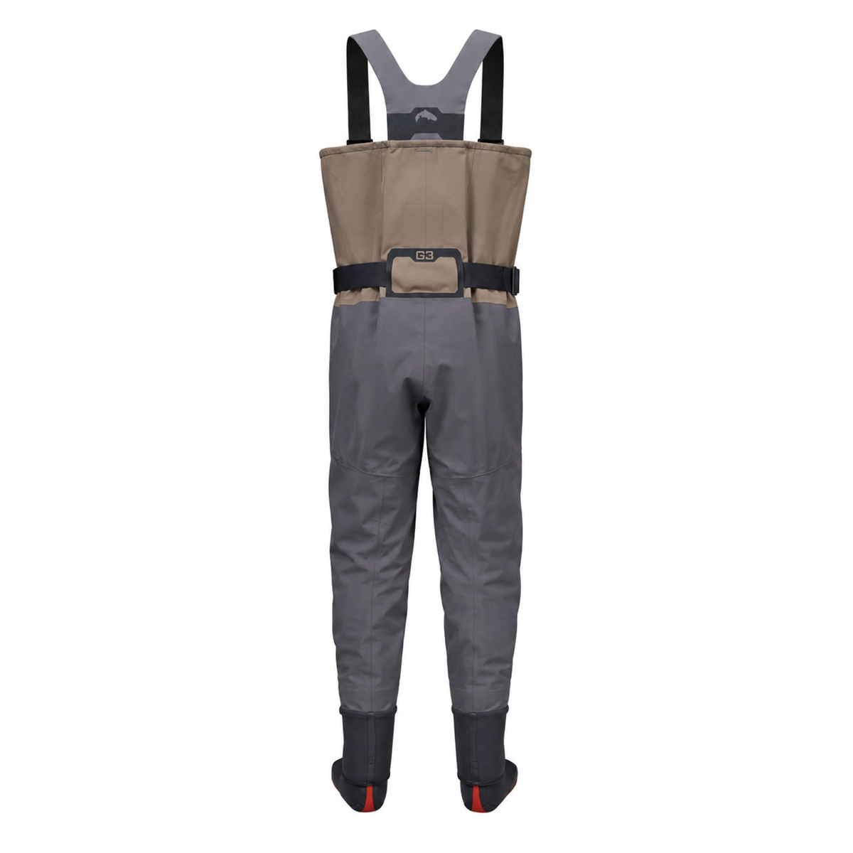 Simms G3 Pro Stockingfoot Waders - Men's gray fishing waders with adjustable suspenders integrated belt and attached stockingfoot boots shown from the rear