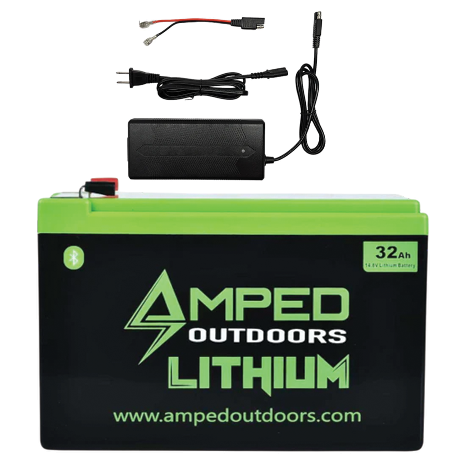 Amped Outdoors (LiFePO4) Lithium Batteries - Battery w/Charger includes a durable 32Ah lithium battery with charging unit and cables, designed for outdoor and marine electronics use.
