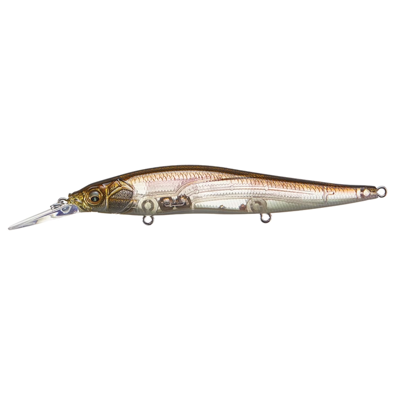 Megabass Vision 110+1 fishing lure with a transparent, detailed fish-like body in brown and gold tones, designed for realistic movement in water.