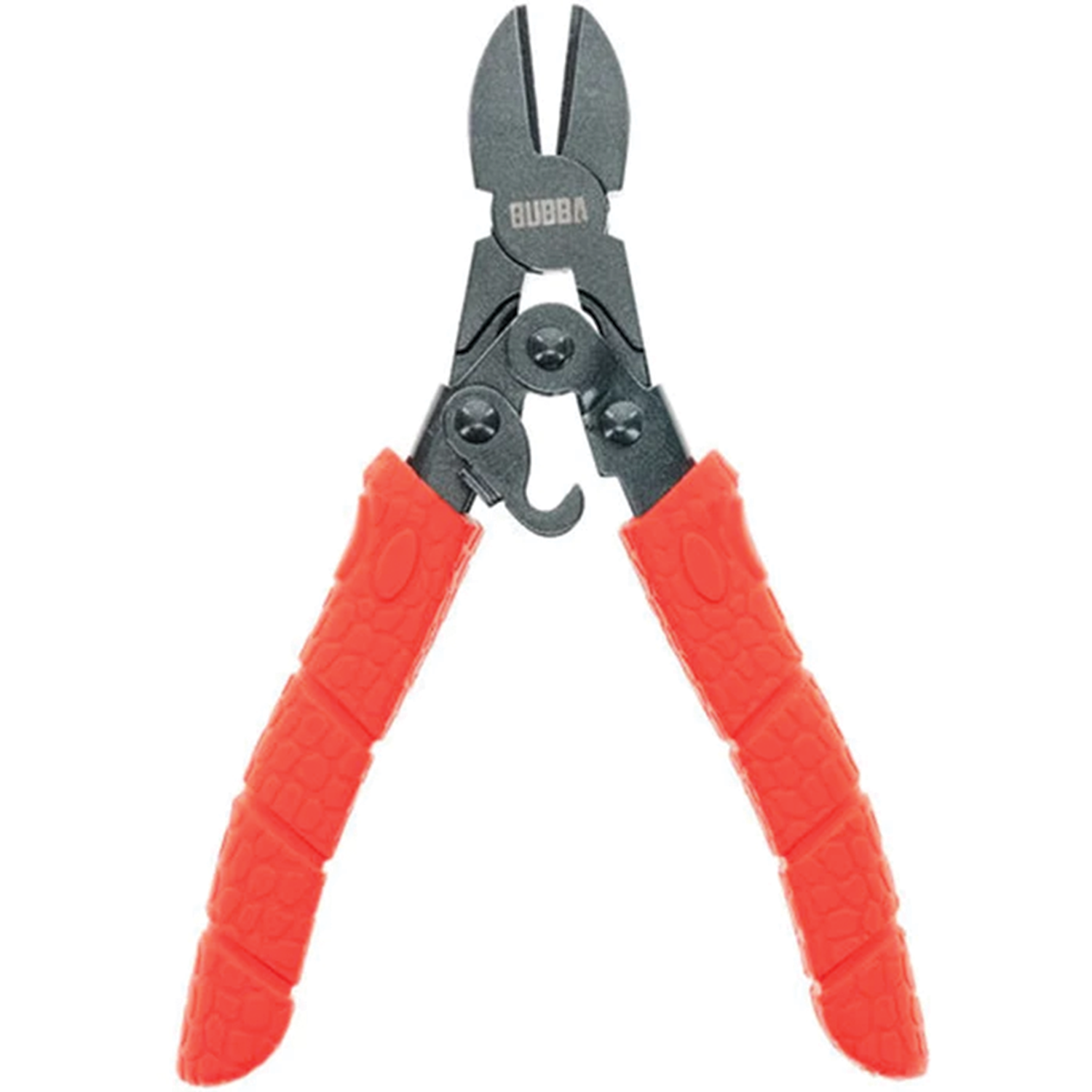 Bubba Forged Wire Cutters with textured red handles and black metal cutting blades, designed for precise cutting of fishing tackle wire and gear.