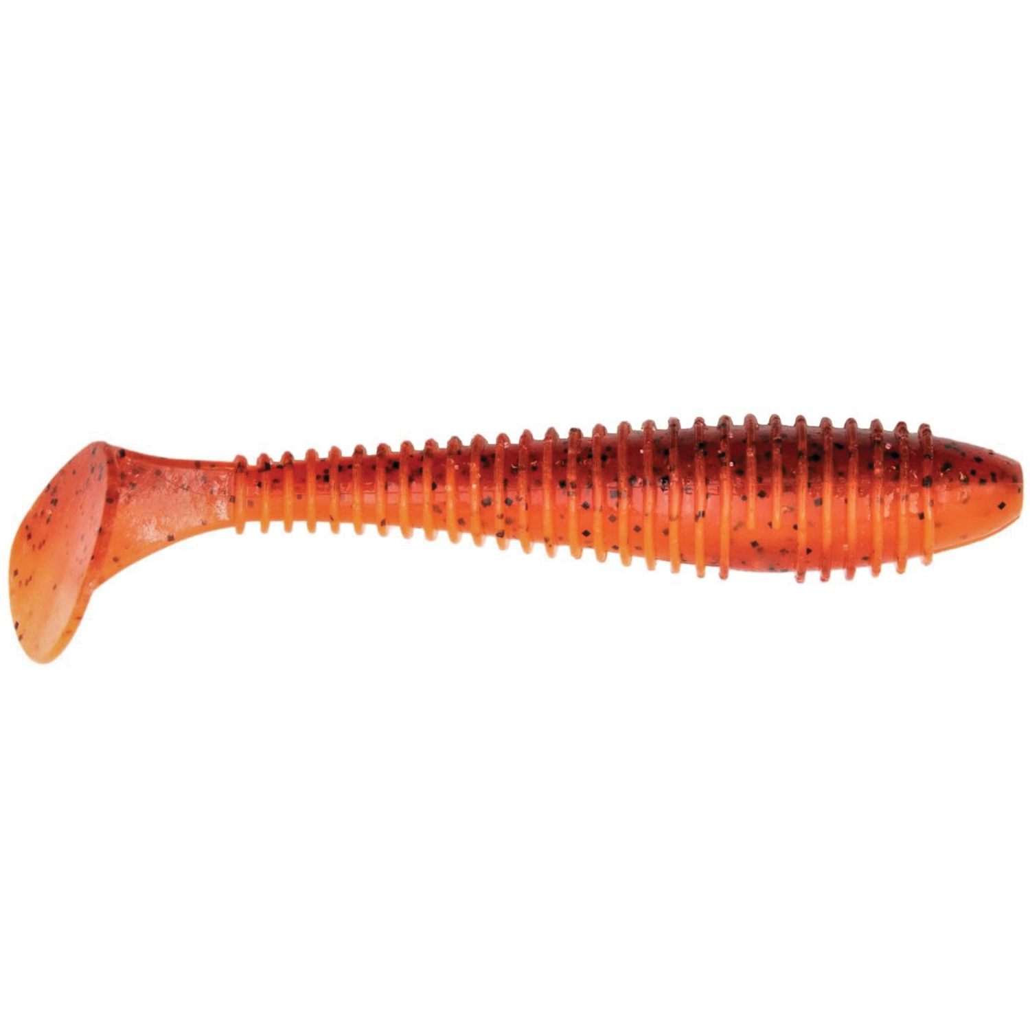Keitech Fat Swing Impact 3.3" soft plastic fishing lure in orange with black speckles, ribbed body, and paddle tail designed for lifelike movement in water.