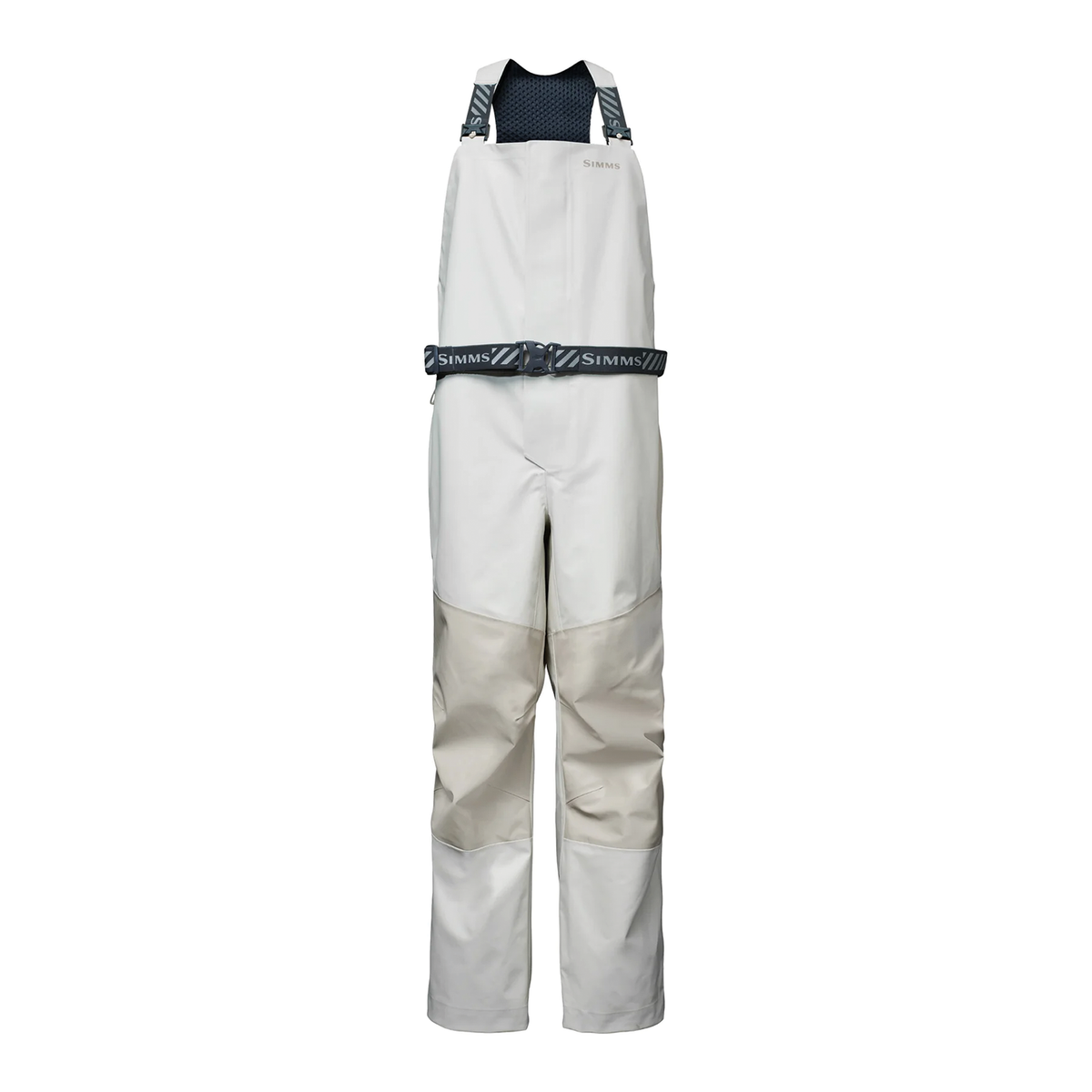 Simms Rip Line Pro Bibs - Men's white fishing bib overalls with adjustable suspenders secure waist belt and reinforced knee panels on a white background