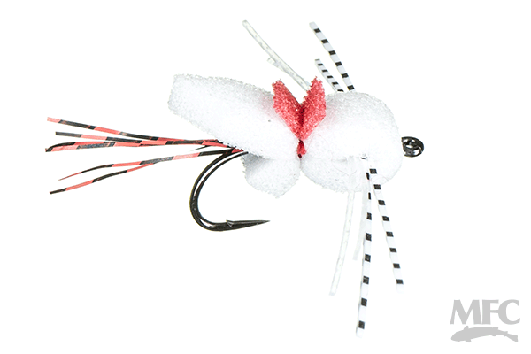 Maddin's Gill Scorpion #10 is a detailed fishing lure with a white foam body, red center, and black striped rubber legs, designed for effective musky fishing tackle.