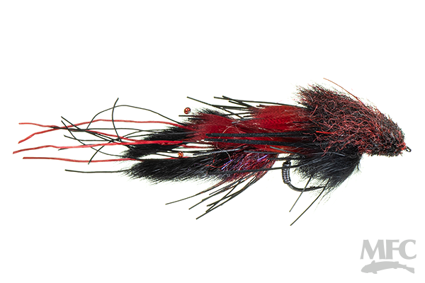 Hughes' Fleein' Cray fishing lure with black and red fibers, synthetic strands, and detailed construction designed to mimic a crayfish for musky fishing tackle.
