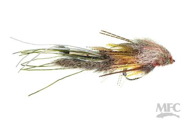 Hughes' Fleein' Cray fishing lure with detailed natural colors and textures designed for musky fishing, featuring lifelike materials and multiple fibers for realistic movement.