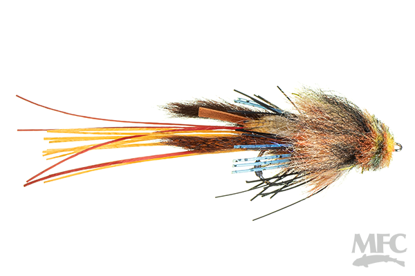 Hughes' Mini Fleein' Cray fishing lure featuring a realistic crayfish design with natural brown, orange, and yellow tones, synthetic fibers, and detailed tail strands for effective musky fishing.