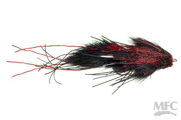 Hughes' Mini Fleein' Cray fishing lure featuring a detailed black and red feathered body with thin, flexible tail fibers designed for musky fishing tackle.
