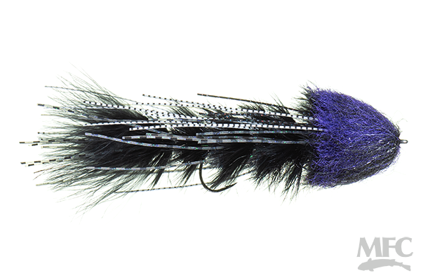 Schultzy's OG Leggy Boi Changer fishing lure featuring a black and purple feathered body with striped accents designed for musky fishing tackle.