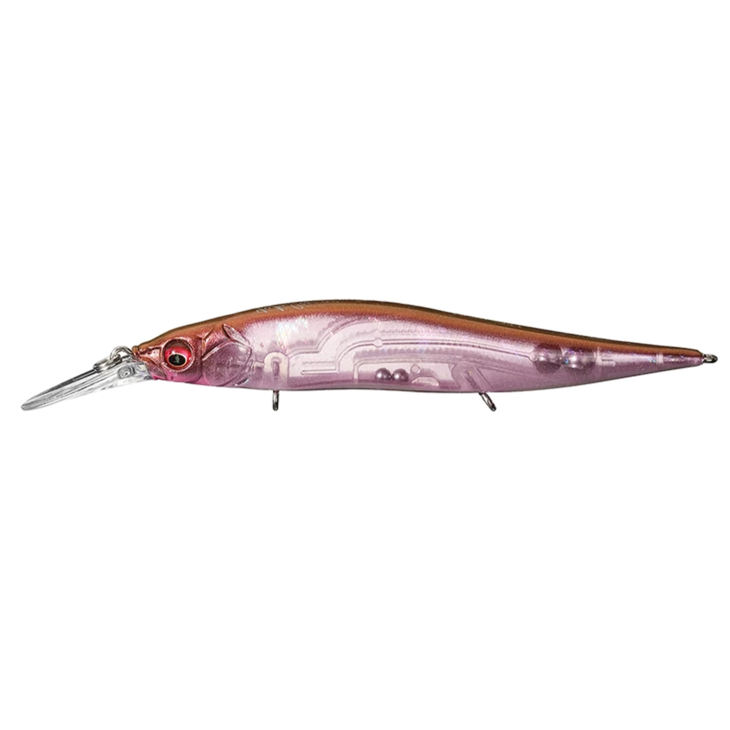 Megabass Vision 110+1 Jr. fishing lure in translucent purple and gold with realistic eye detail and a clear diving lip, designed for effective fishing tackle use.