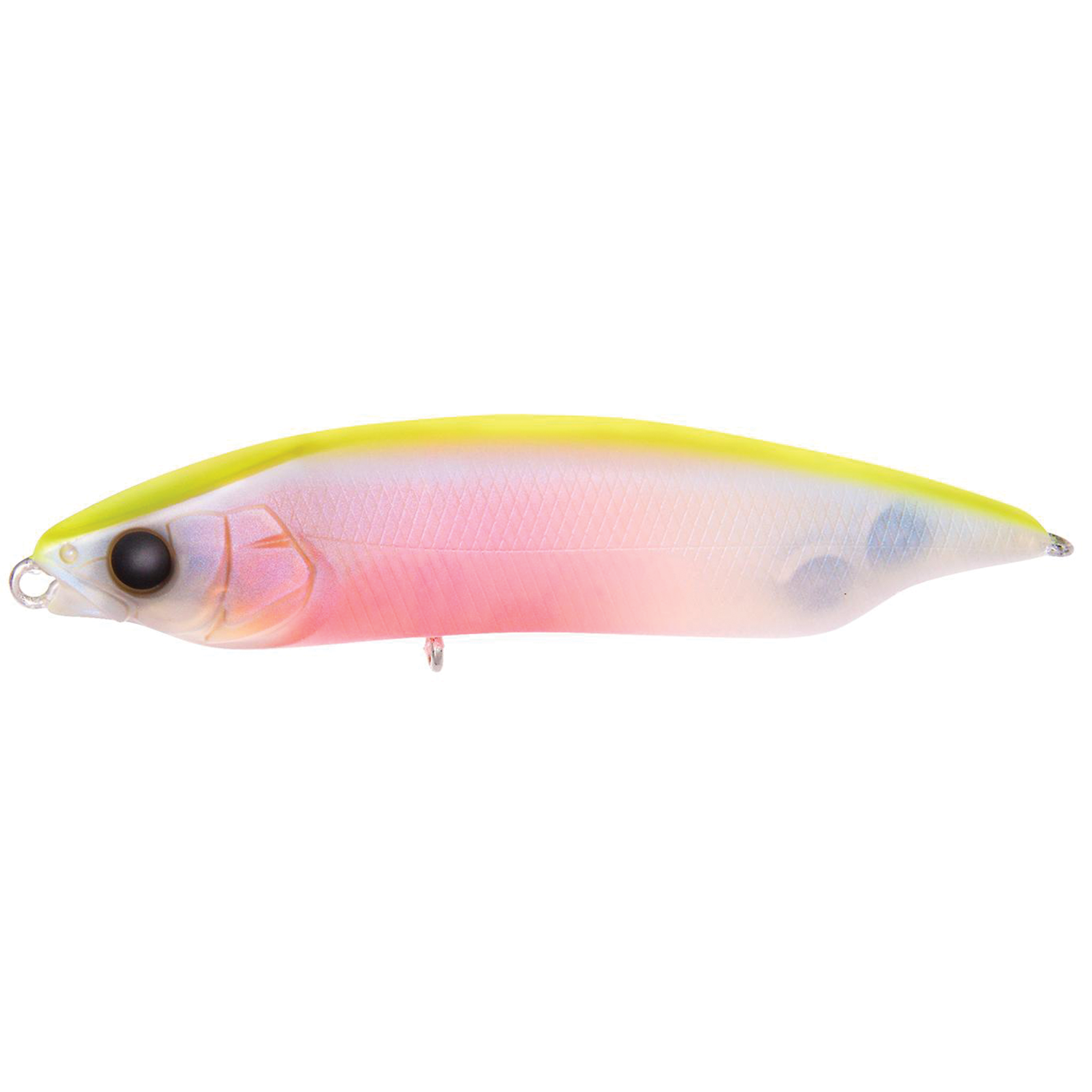 Megabass Karashi 80 fishing lure in translucent pink and yellow colors with detailed scale texture, designed for effective fishing tackle use.
