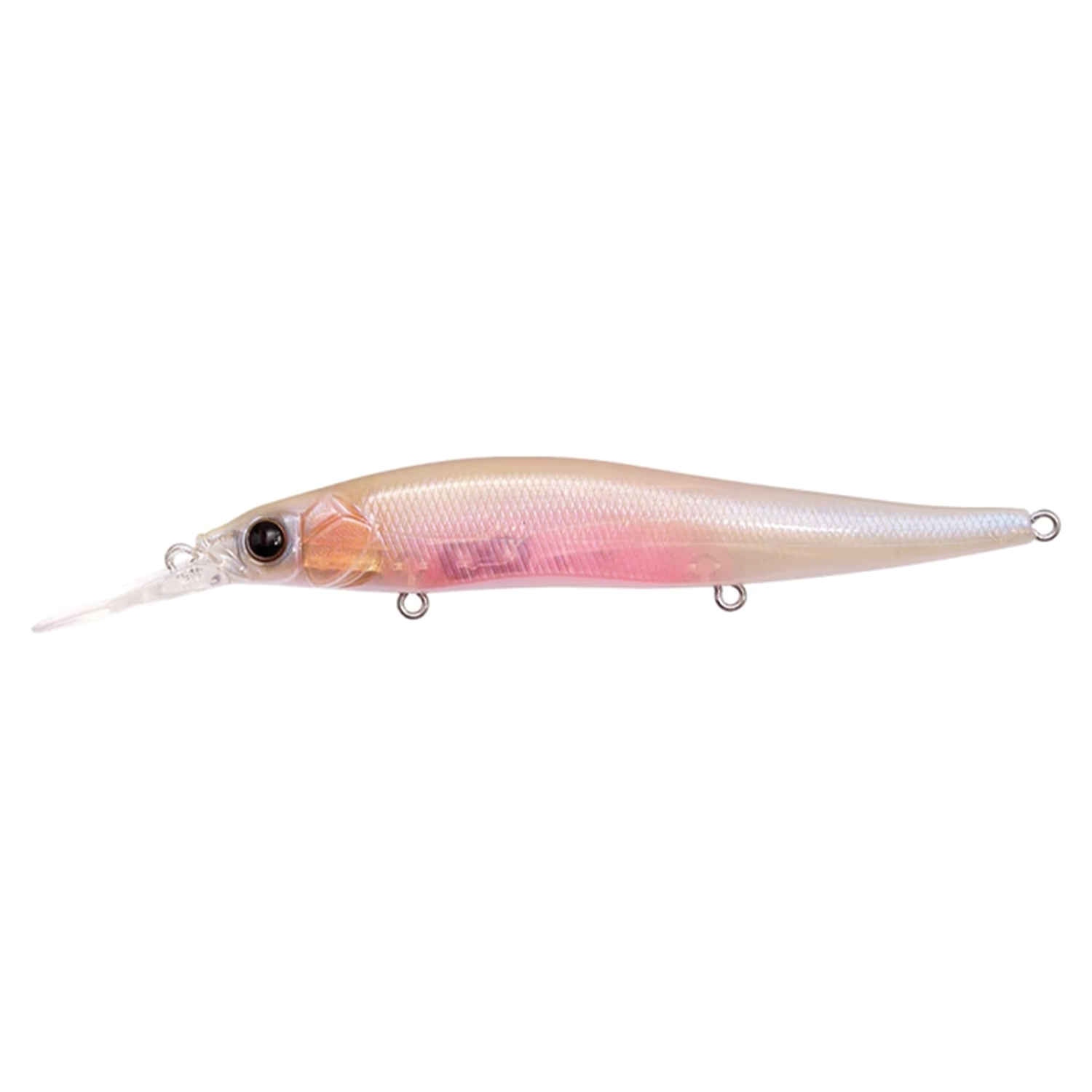 Megabass Vision 110+1 fishing lure in translucent pearl with pink and orange highlights, featuring realistic eyes and a diving lip designed for effective fishing tackle use.