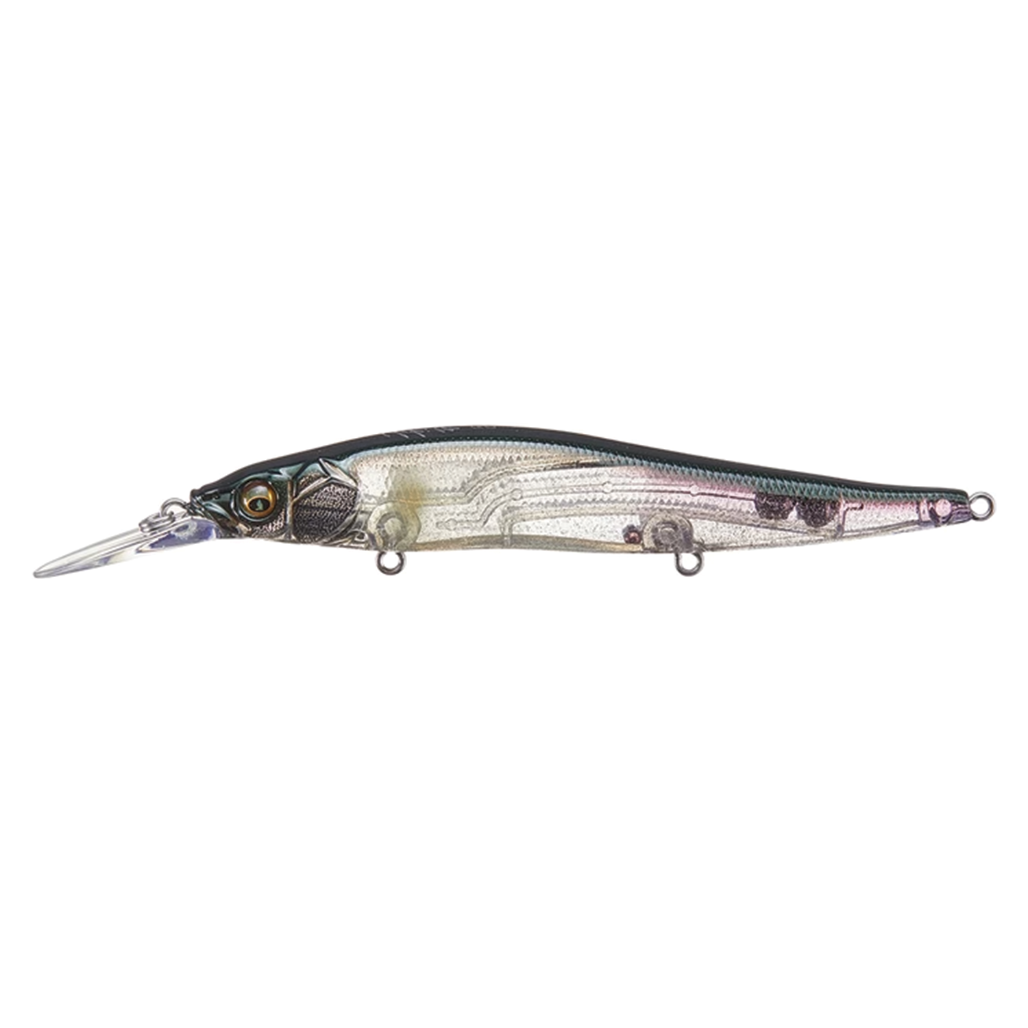 Megabass Vision 110+1 Jr. fishing lure with a slender, fish-shaped body featuring a dark top, translucent sides, detailed scale texture, and a clear diving lip for attracting muskies.