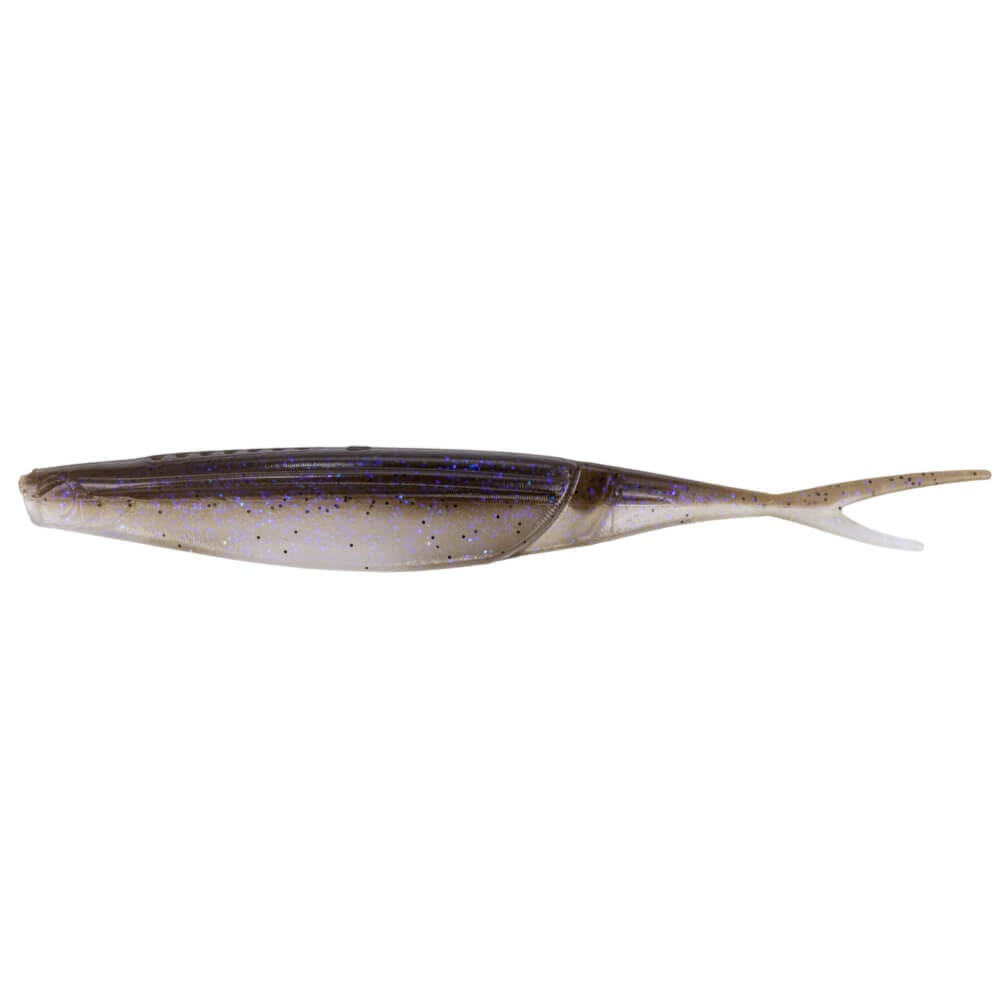 Yamamoto Hinge Minnow fishing lure in translucent brown with blue and black speckles, designed for realistic movement to attract musky and other game fish.