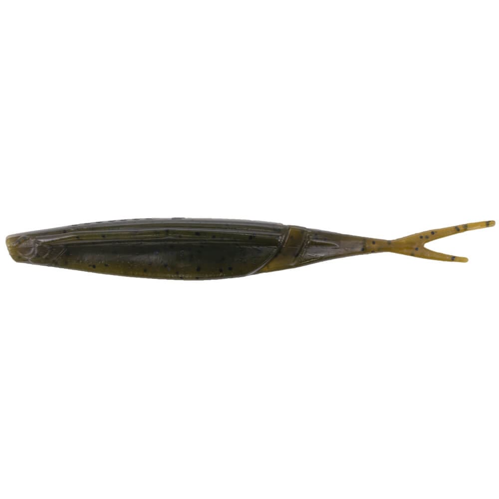Yamamoto Hinge Minnow fishing lure in natural green and brown tones with a forked tail design, ideal for freshwater fishing and attracting musky.