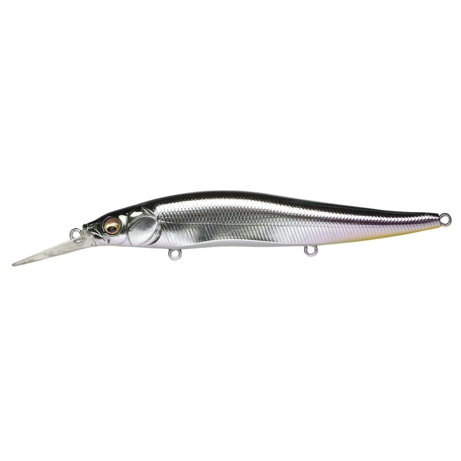 Megabass Vision 110+1 fishing lure with a sleek, shiny silver body, detailed scale pattern, lifelike eyes, and an extended diving lip for deep water fishing.
