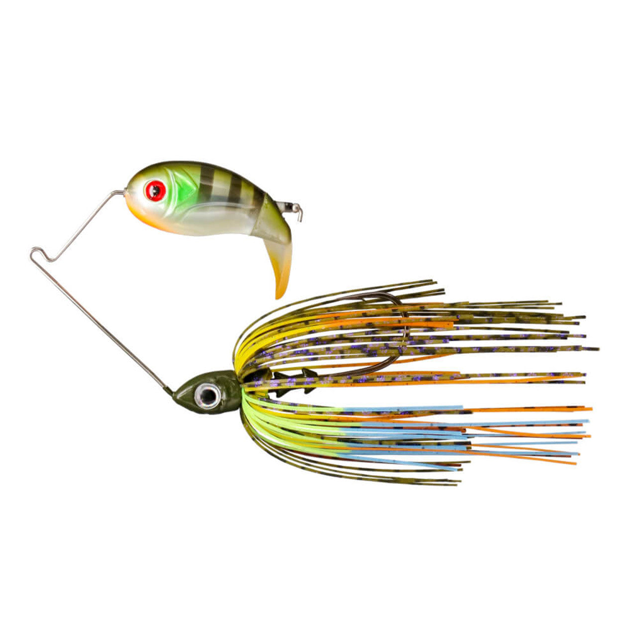 Buckeye Lures Bubbler Blade fishing lure with a green and yellow striped fish-shaped body, red eye, and a metal blade attached to a colorful silicone skirt in yellow, orange, and blue tones.