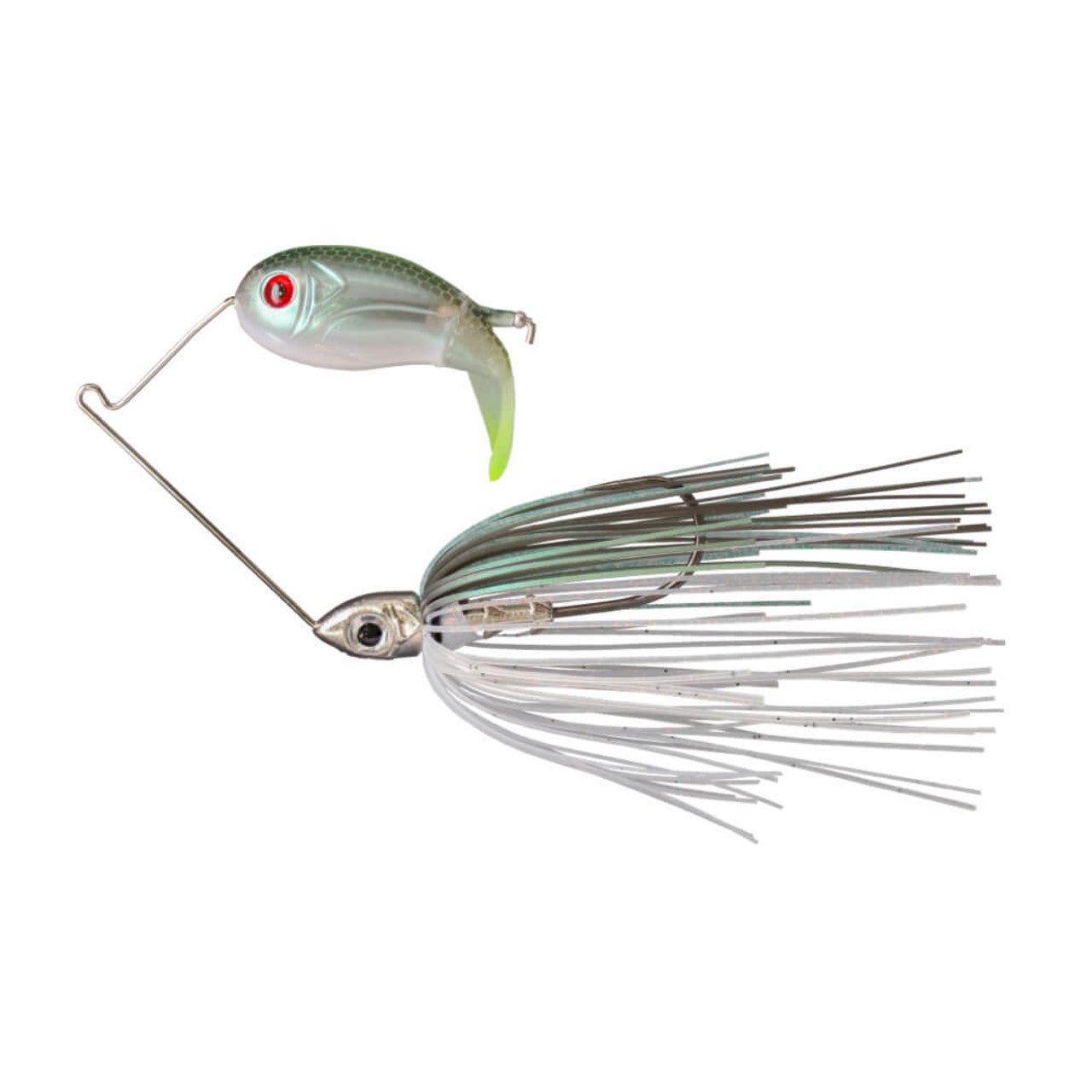 Buckeye Lures Bubbler Blade fishing lure with a silver and green body, red eye, and reflective white and gray skirt designed for enticing fish in freshwater environments.