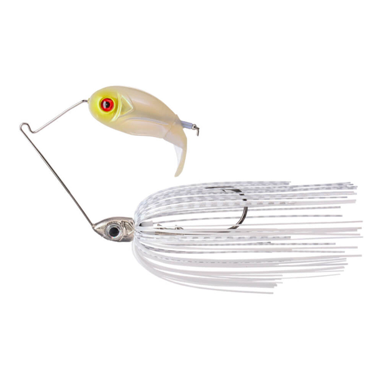 Buckeye Lures Bubbler Blade fishing lure featuring a translucent yellow top with a red eye, attached spinner blade, and white skirt for attracting fish in freshwater fishing tackle.