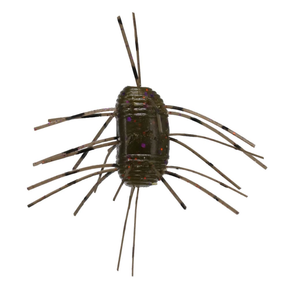 Close-up of a dark green Yamamoto Fuzzy Nut fishing lure with multiple flexible leg-like appendages and small purple and orange specks, designed for freshwater fishing tackle.