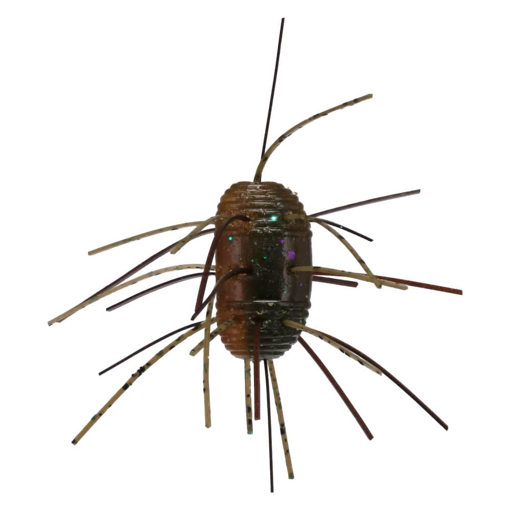 Close-up of a brown and dark green Yamamoto Fuzzy Nut fishing lure with multiple flexible legs extending from its oval-shaped body, designed for fishing tackle use.