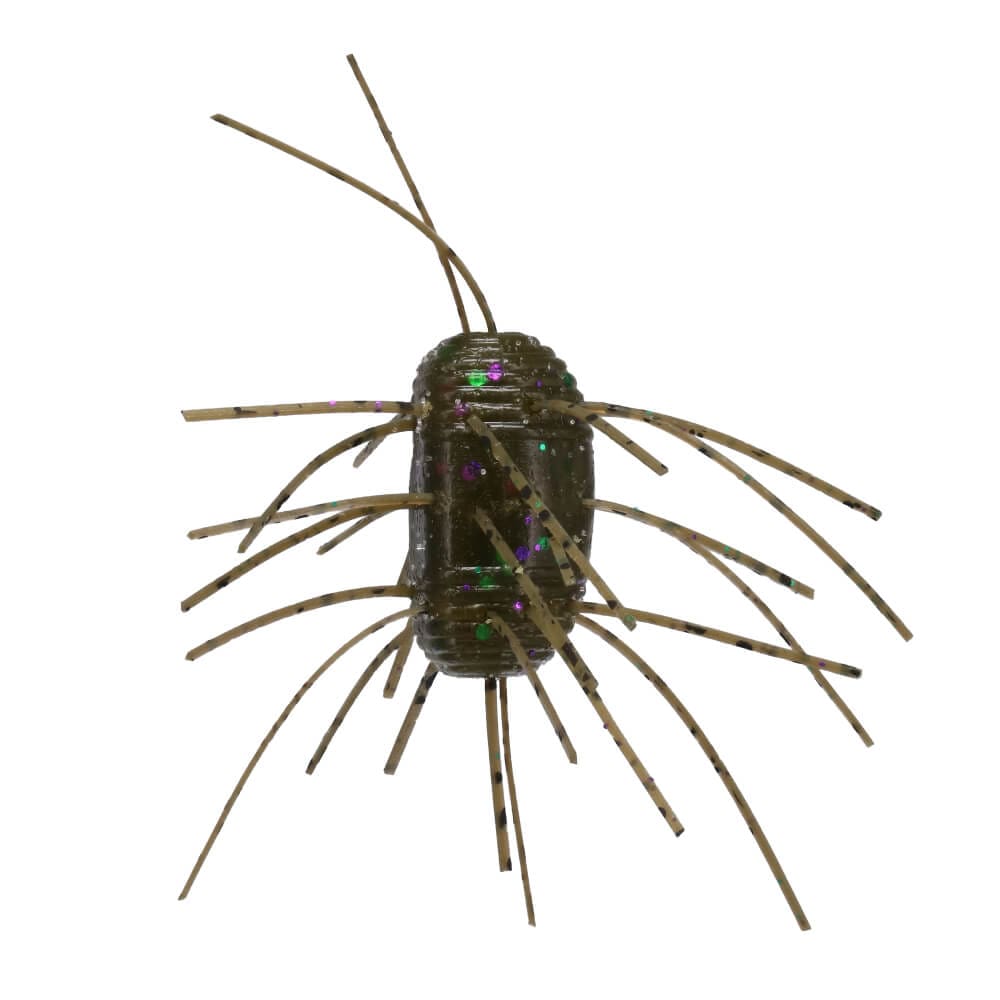 Yamamoto Fuzzy Nut fishing lure in olive green with iridescent purple and green specks, featuring multiple soft, flexible legs extending from a ribbed body for realistic aquatic movement.