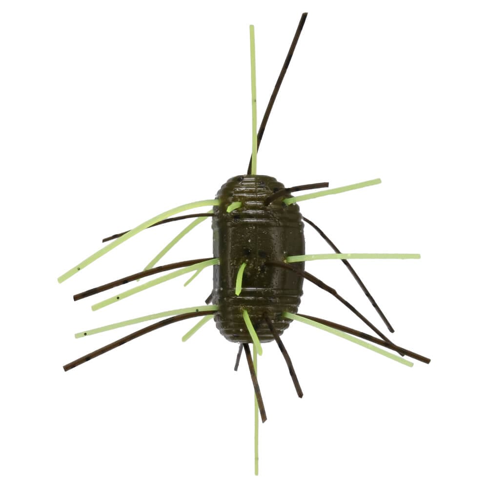 Yamamoto Fuzzy Nut fishing lure in dark olive color with multiple flexible rubber strands extending from a ribbed oval body, designed for musky fishing tackle.