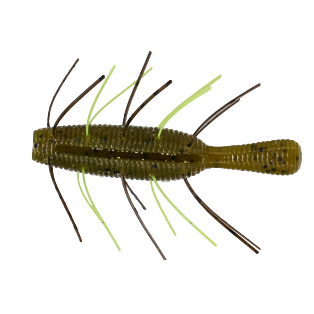 Yamamoto Fuzzy Nuki fishing lure in olive green with ribbed body and multiple flexible rubber legs designed for realistic movement in water.