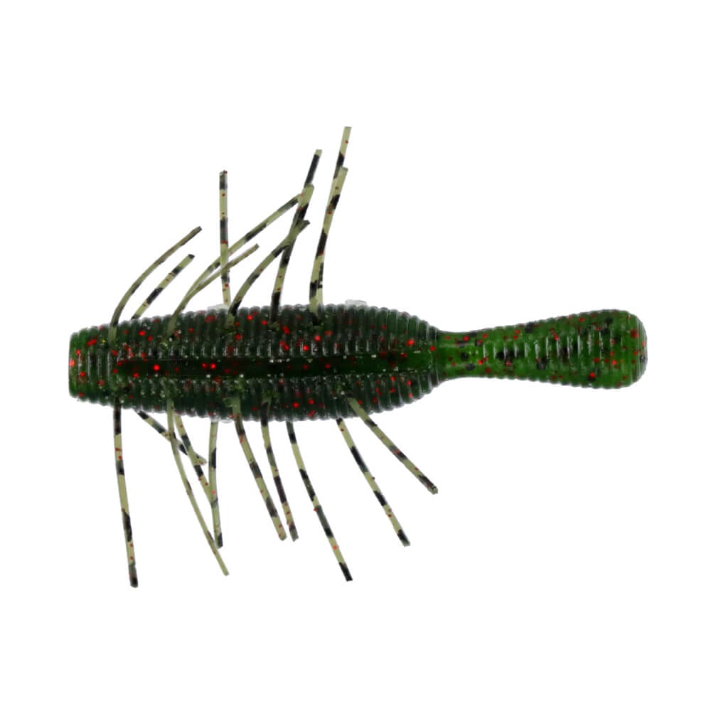 Yamamoto Fuzzy Nuki soft fishing lure in green with red flakes, featuring segmented body and multiple flexible appendages designed to attract musky and other fish.