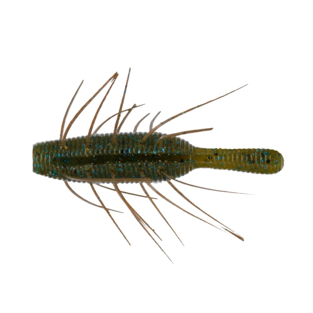 Close-up view of a Yamamoto Fuzzy Nuki fishing lure in greenish-brown with blue flecks and multiple flexible appendages designed to mimic natural prey for musky fishing.