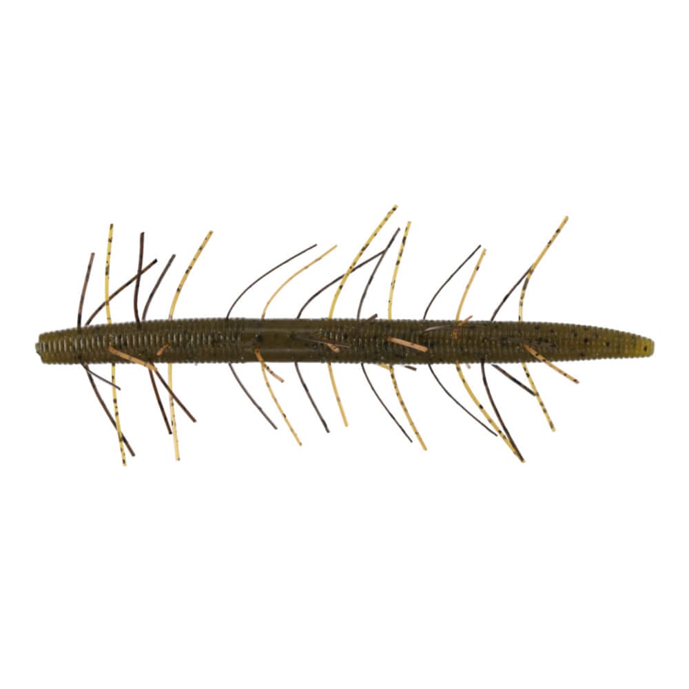Yamamoto Fuzzy Senko 5" fishing lure in dark green with multiple soft, flexible appendages for realistic movement in water, designed for musky and other freshwater fishing.