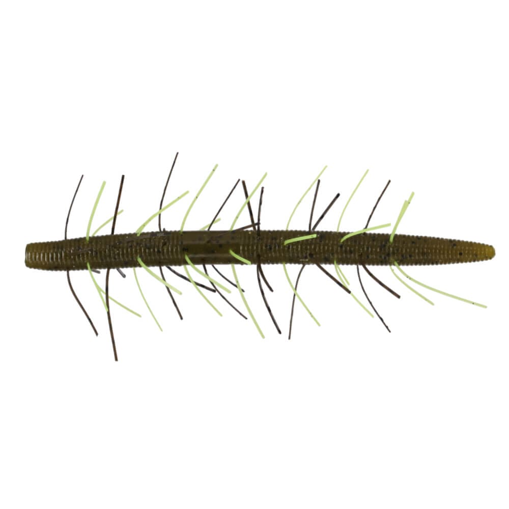 Yamamoto Fuzzy Senko 5" soft fishing lure with ribbed brown body and flexible black and green appendages designed for lifelike movement in the water.