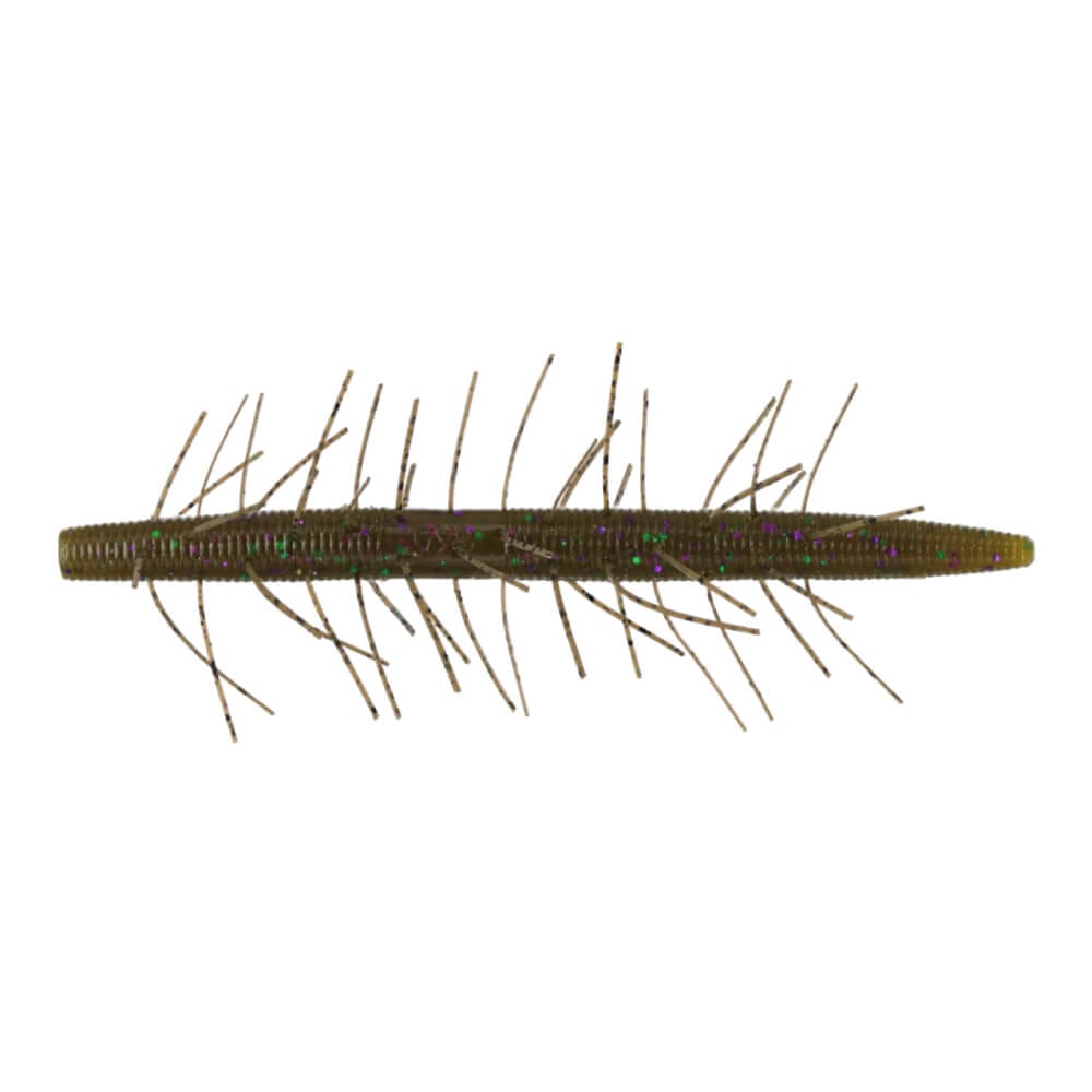 Yamamoto Fuzzy Senko 5" fishing lure in olive green with fine brown rubber strands and subtle reflective specks, designed for attracting musky and other game fish.