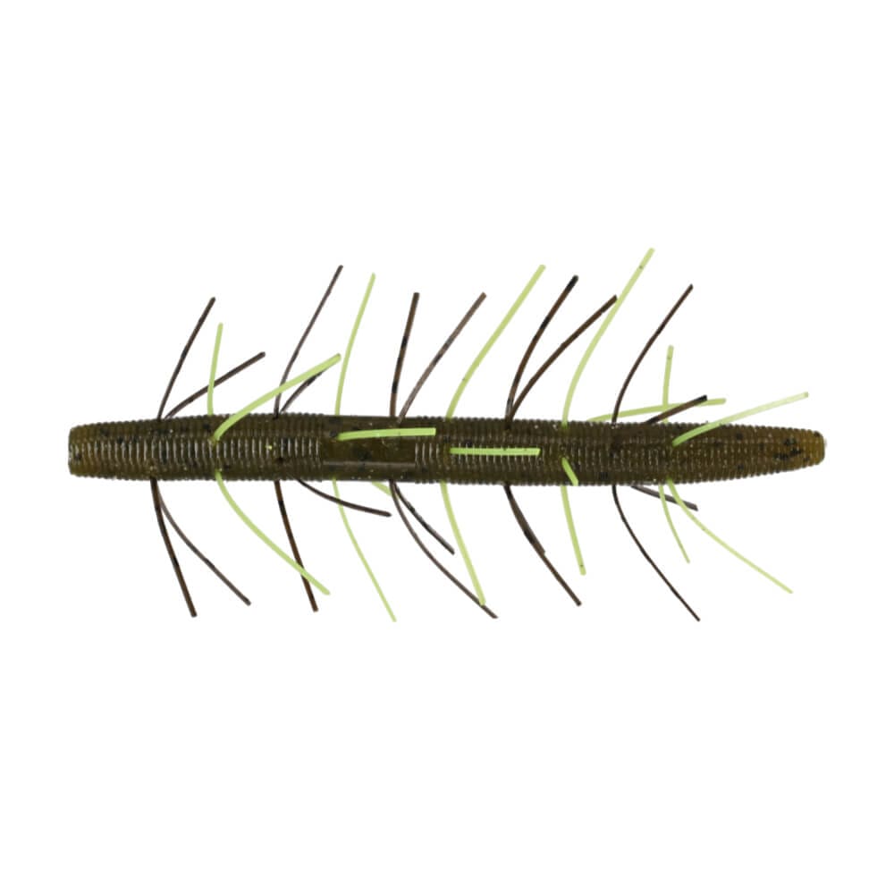 Yamamoto Fuzzy Senko 4" fishing lure in a dark green color with multiple soft, thin appendages extending from its ribbed body for realistic movement in water.