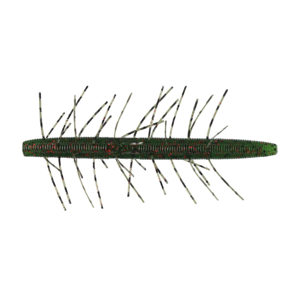 Yamamoto Fuzzy Senko 4" soft plastic fishing lure in green with black and red flecks and multiple flexible appendages for lifelike movement, ideal for fishing tackle.