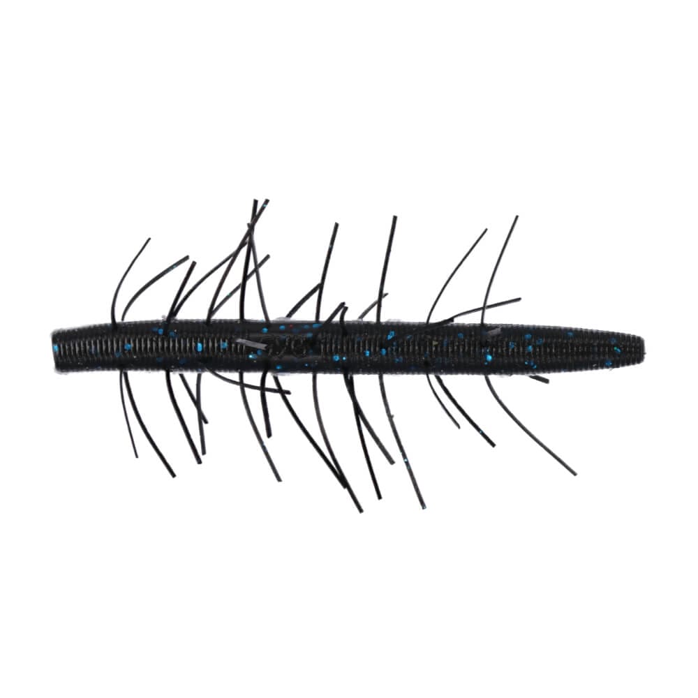Yamamoto Fuzzy Senko 4" fishing lure in dark color with blue flecks and multiple flexible appendages designed for realistic movement in water.