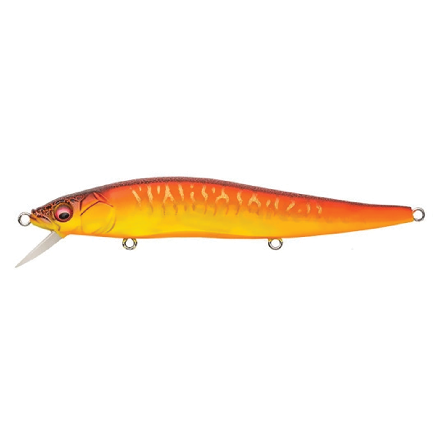 Megabass Vision 110 fishing lure in bright orange and yellow gradient with realistic fish scale pattern and detailed eyes, designed for musky fishing tackle.