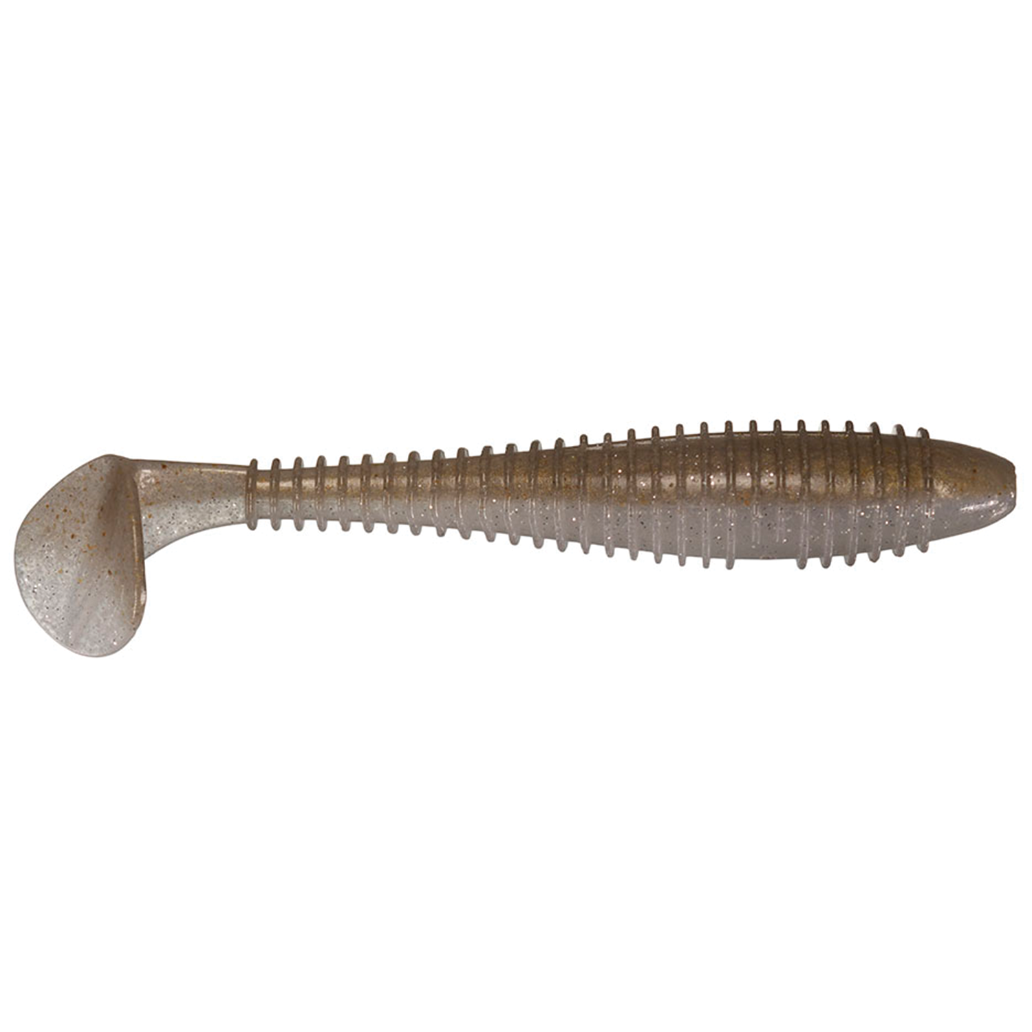 Keitech Fat Swing Impact 3.3" soft plastic fishing lure in translucent brown with ribbed body and paddle tail designed for lifelike swimming action in fishing tackle.