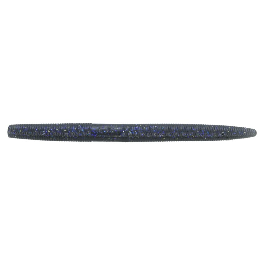 Yamamoto Senko 5" fishing lure in dark color with blue flecks, designed for use as fishing tackle in musky and other freshwater fishing.