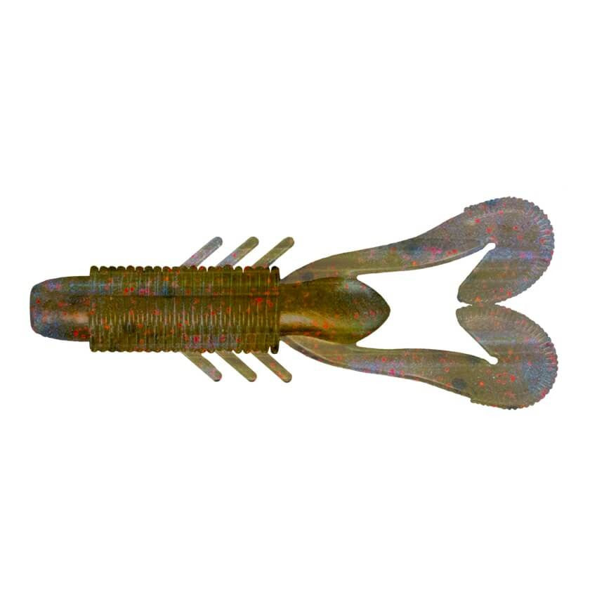 Big Bite Velo Craw soft plastic fishing lure featuring a segmented body with ribbed texture and twin curled tails designed for lifelike movement in water.