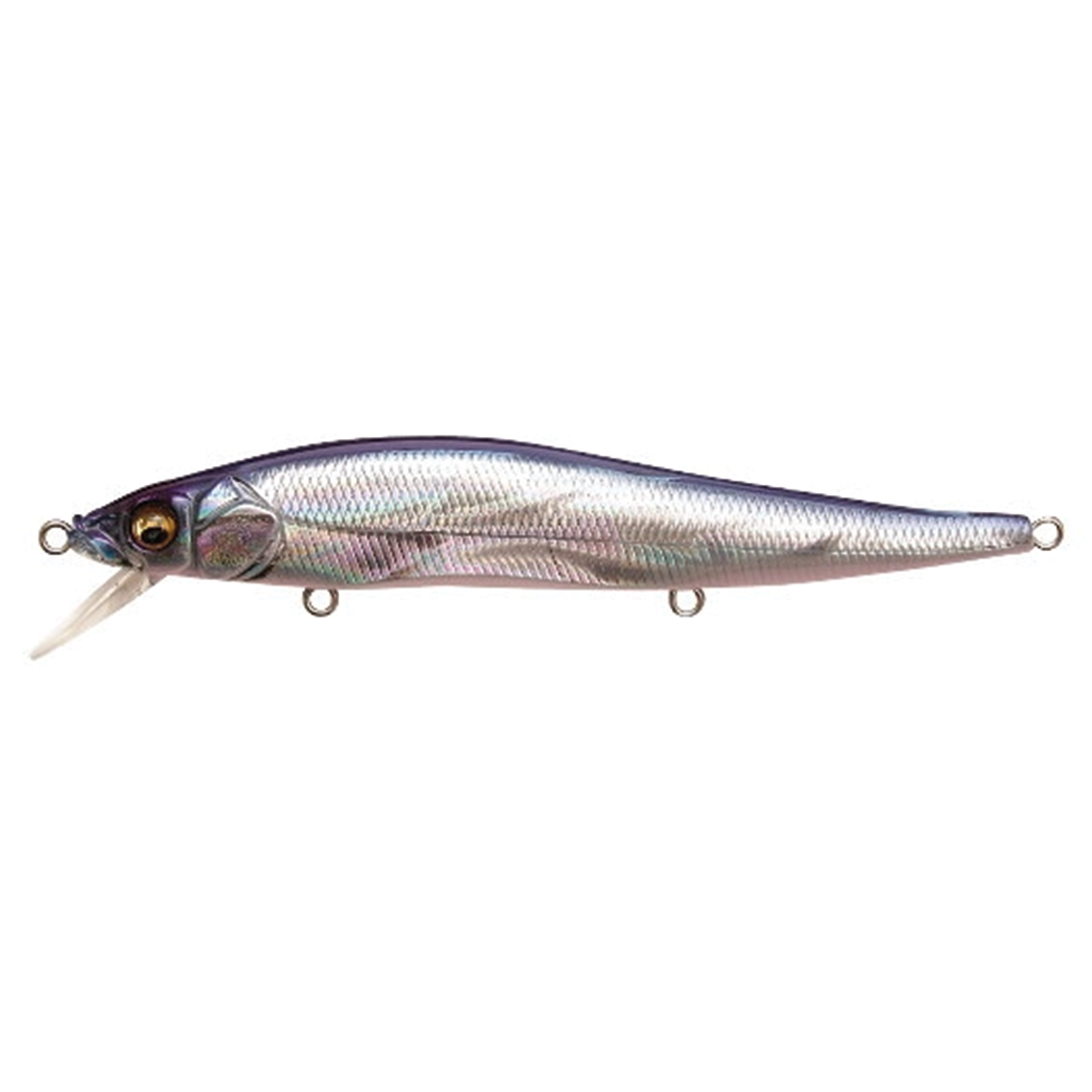 Megabass Vision 110 fishing lure with a sleek, slender body in iridescent silver and blue hues, featuring lifelike fish scale texture and detailed eyes for realistic fishing tackle use.