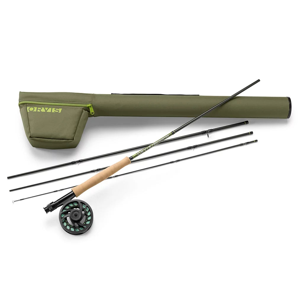 Orvis Encounter Outfit fly fishing rod and reel with cork handle, four-piece black rod, and green carrying case with zippered pocket, designed for fishing tackle enthusiasts.