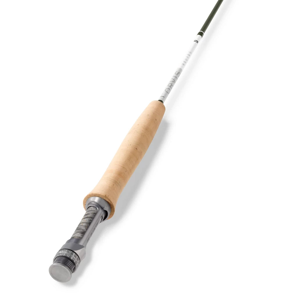 Orvis Helios F Fly Rod featuring a smooth cork handle and sleek graphite blank, designed for precision casting in fly fishing and outfitted with durable reel seat.