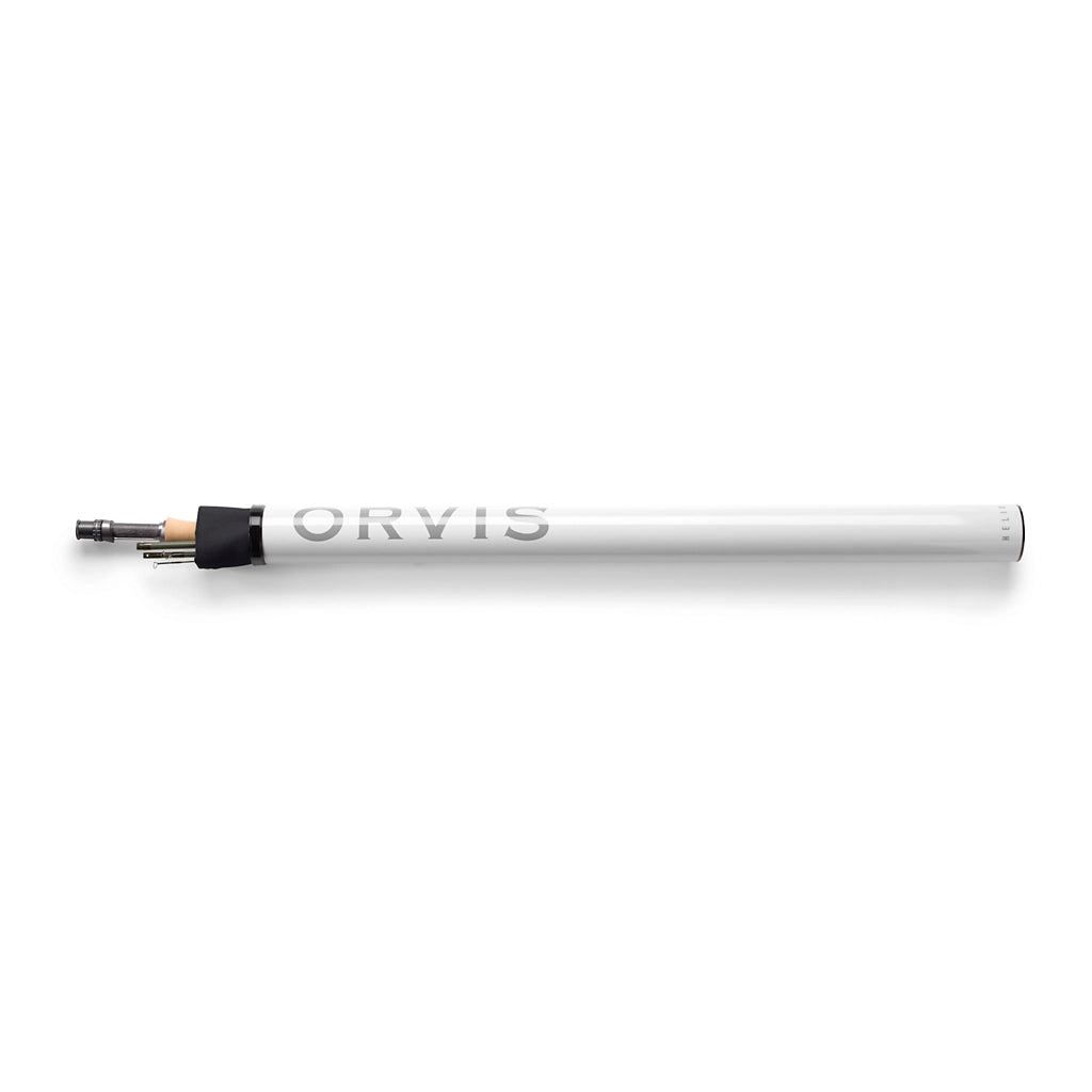 Orvis Helios F Fly Rod in a sleek white protective tube with logo, designed for fly fishing enthusiasts seeking high-quality fishing rods and tackle.