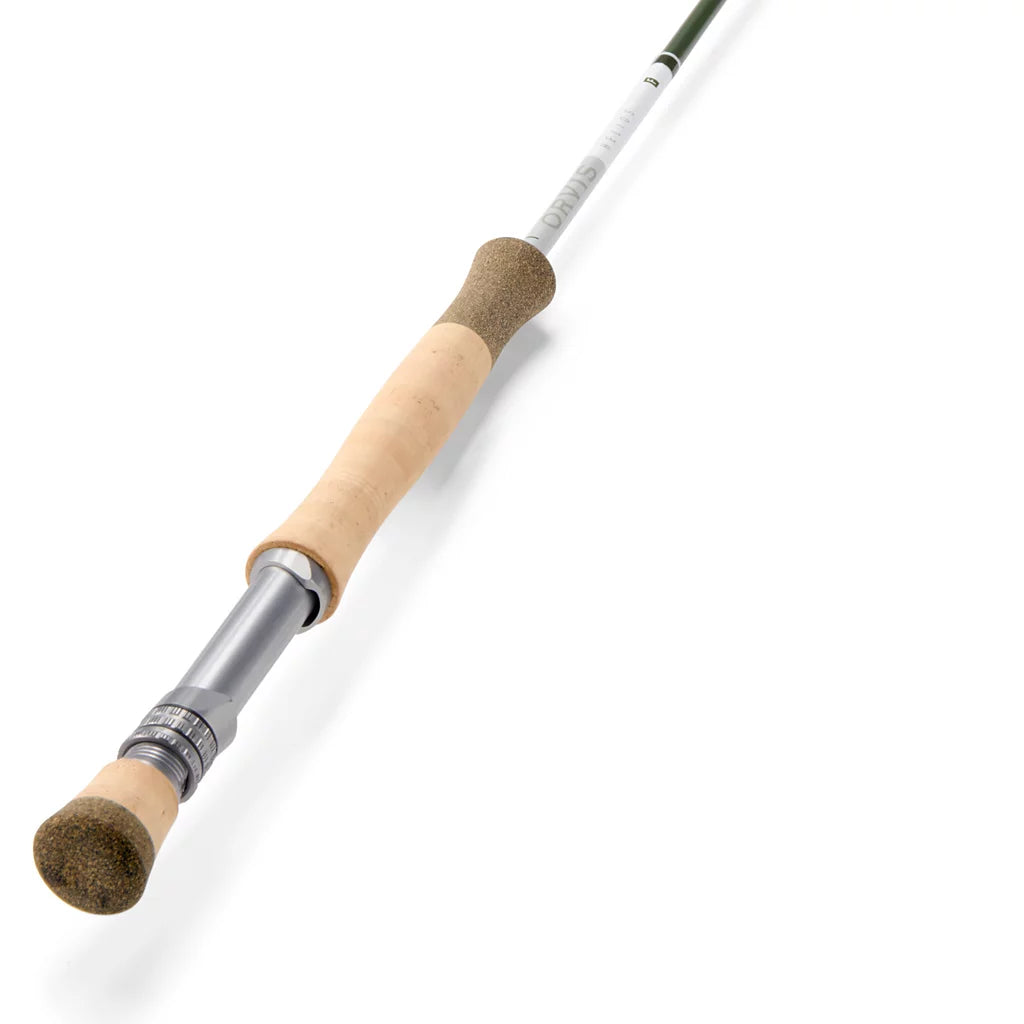 Orvis Helios F Fly Rod with a sleek, lightweight design featuring a cork handle, metal reel seat, and durable graphite blank, ideal for precision fly fishing.