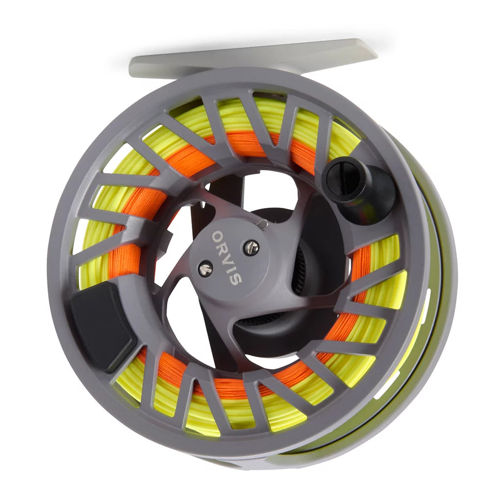Orvis Clearwater Fly Reel in gray with bright yellow and orange fishing line, designed for fly fishing and offering smooth casting and durability for fishing tackle enthusiasts.