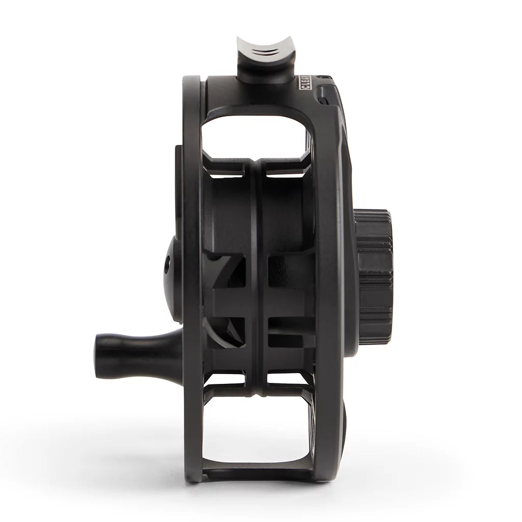 Orvis Clearwater Fly Reel shown from side view, featuring a sleek black design with smooth handle and precision-machined spool, ideal for fly fishing tackle.