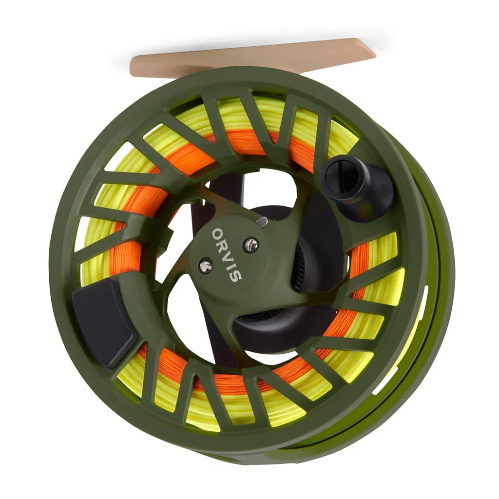 Orvis Clearwater Fly Reel in olive green with bright yellow and orange fishing line, designed for smooth casting and durability in fishing tackle.