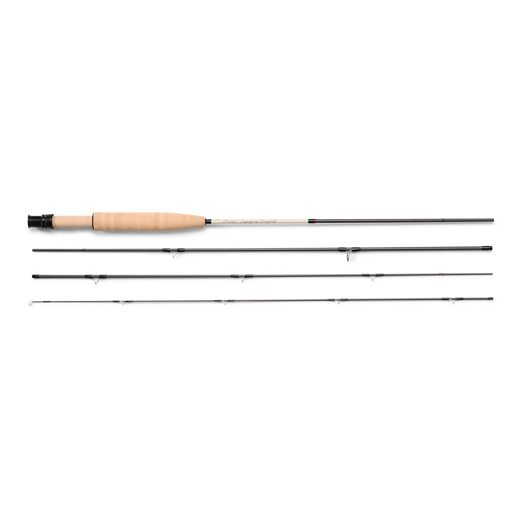 Orvis Superfine Graphite Fly Rod shown disassembled into four sections with a light cork handle and sleek graphite construction, designed for precision fly fishing.